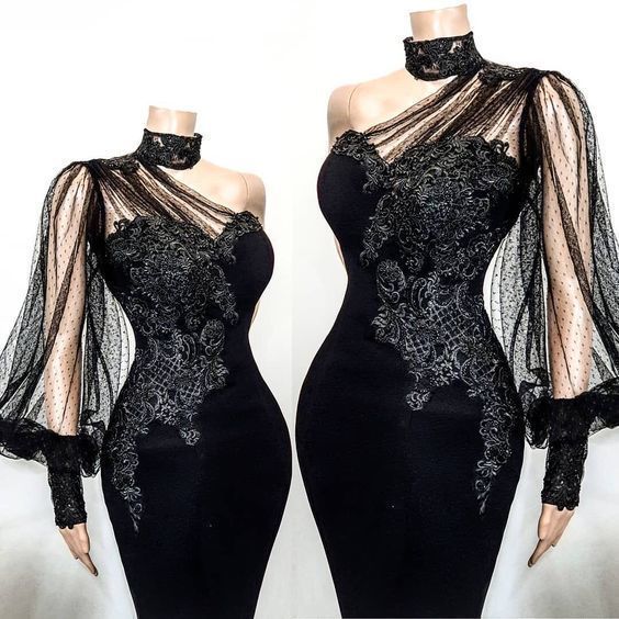 One shoulder black long prom dress, lace prom dress fg1744