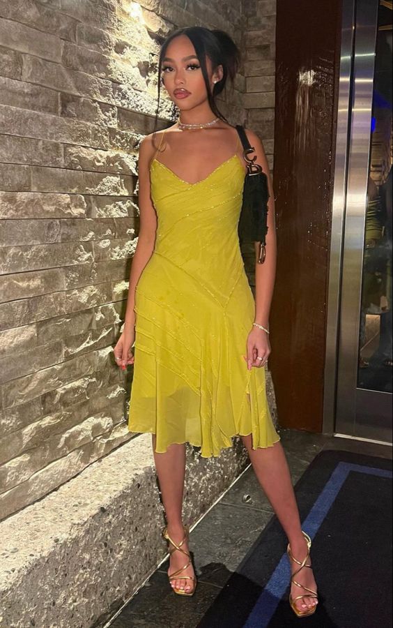 Yellow Spaghetti Straps Knee Length Dress,Party Gown fg1443
