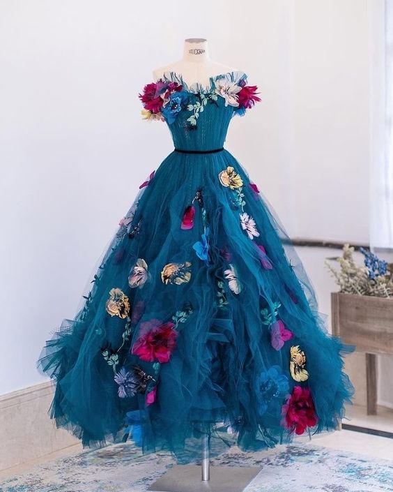 Long Tulle Flowers Prom Dresses Formal Evening Dress fg1680