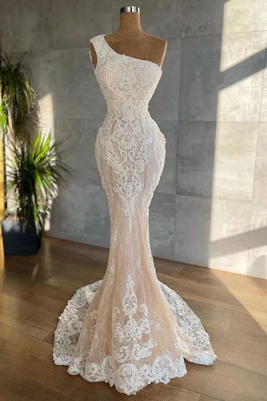 Chic One Shoulder Tulle Lace Mermaid Bridal Gown Slim Wedding Dress fg2579