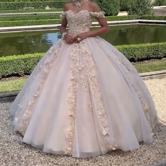 Stunning Off The Shoulder 3D Floral Flower Patterned Ball Gown Quinceanera Dresses Sweet 16 Prom Dress fg1519