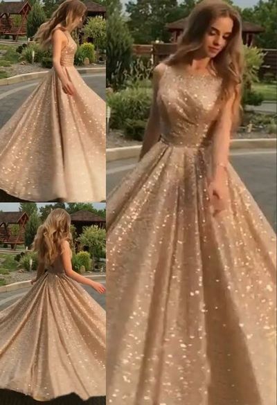 champagne open back stunning prom dresses a line sequin formal evening dress fg1657