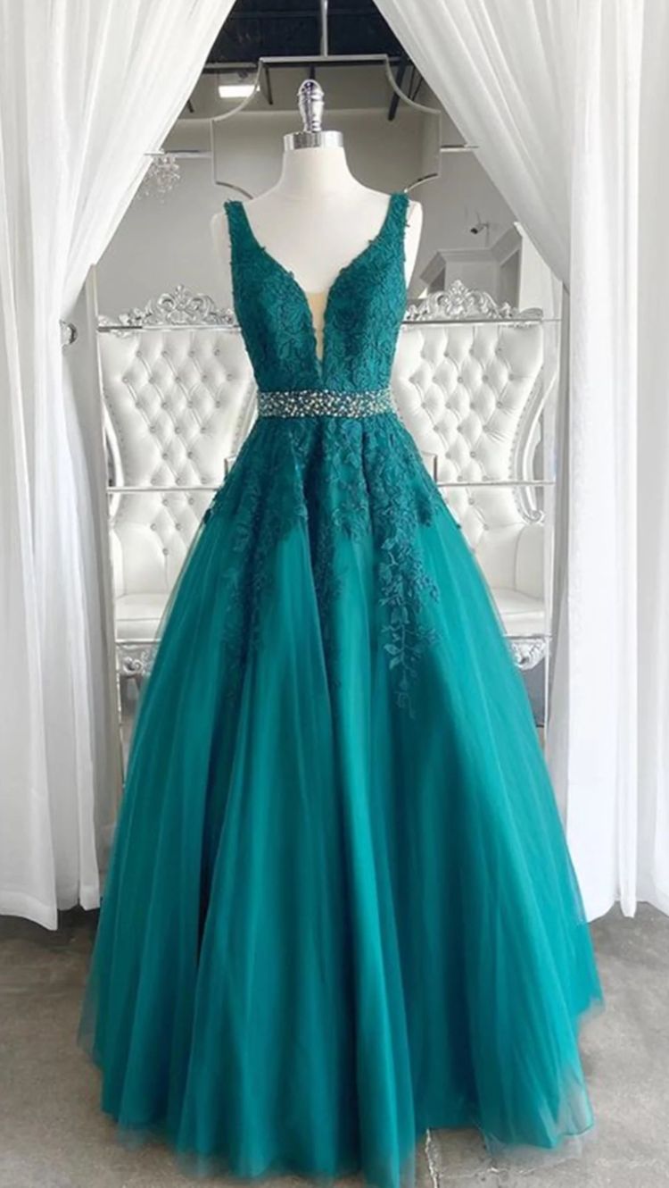 V Neck Dark Green Lace Prom Dresses, Dark Green Lace Formal Evening Dresses fg1729