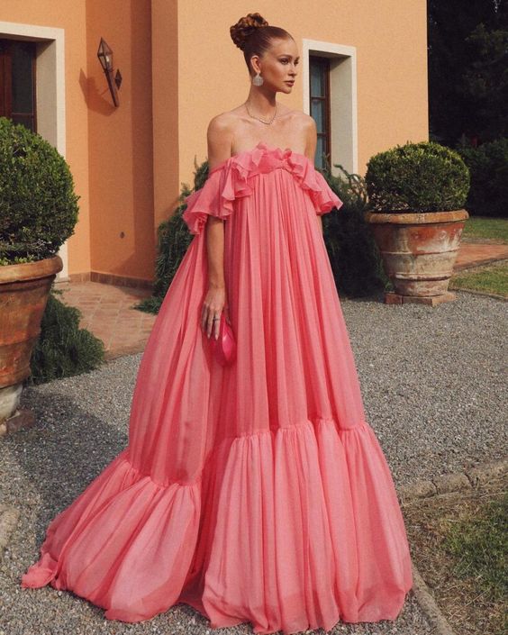 Vestido de fiesta vintage rosa con hombros descubiertos, largo plisado, vestido formal de noche TP4574
