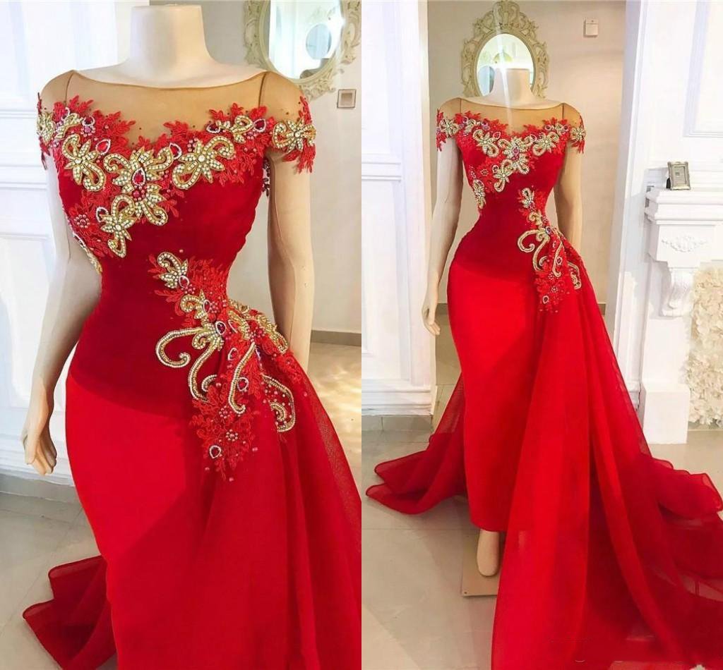 red detachable skirt prom dresses cap sleeve lace applique beaded elegant luxury prom gown fg1848