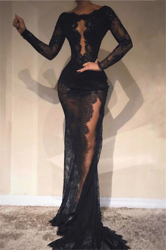 Black Sheath Lace Evening Dresses fg1048