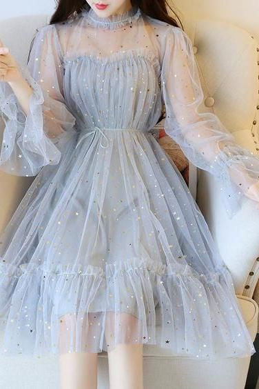 Blue Sparkly Star Long Sleeves Tulle Homecoming Dresses, Charming Short Prom Dress fg1645