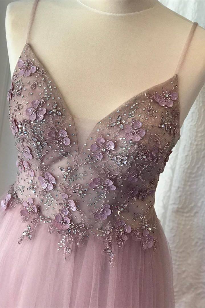 A-line Spaghetti Strap Lilac Prom Dress with Flowers fg2615