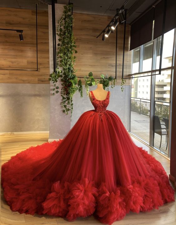 Red prom dress , tulle long A line ball gown dress fashion dress fg1027