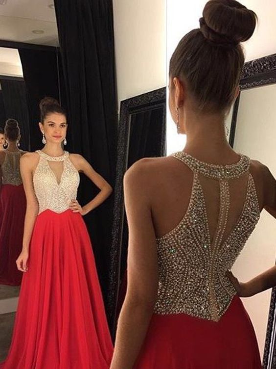 Sleeveless A-Line Beaded Bodice Chiffon Prom Dress With Keyhole Front fg1659