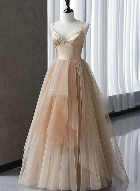 Champagne Tulle Gradient Tulle Straps Long Evening Dress, Charming Formal Gown fg2218