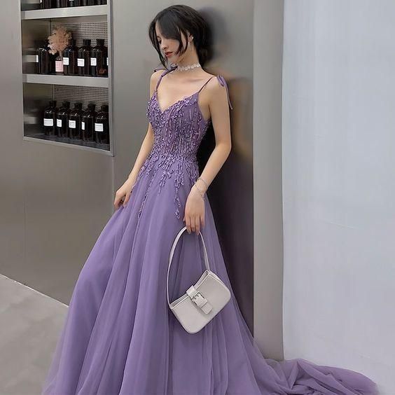 lavender evening dresses a-line / princess v-neck sleeveless appliques dresses fg2085
