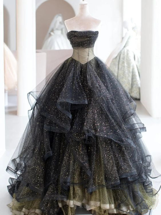 Black ball gown long prom dress, black evening dress fg2250