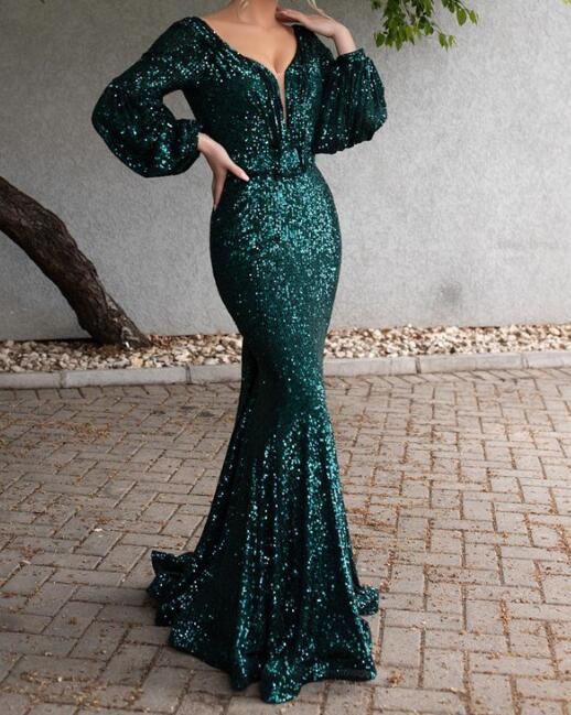 Sparkly Green Long Sleeve Evening Dresses.charming V-Neck Backless Mermaid Formal Evening Gowns fg2560