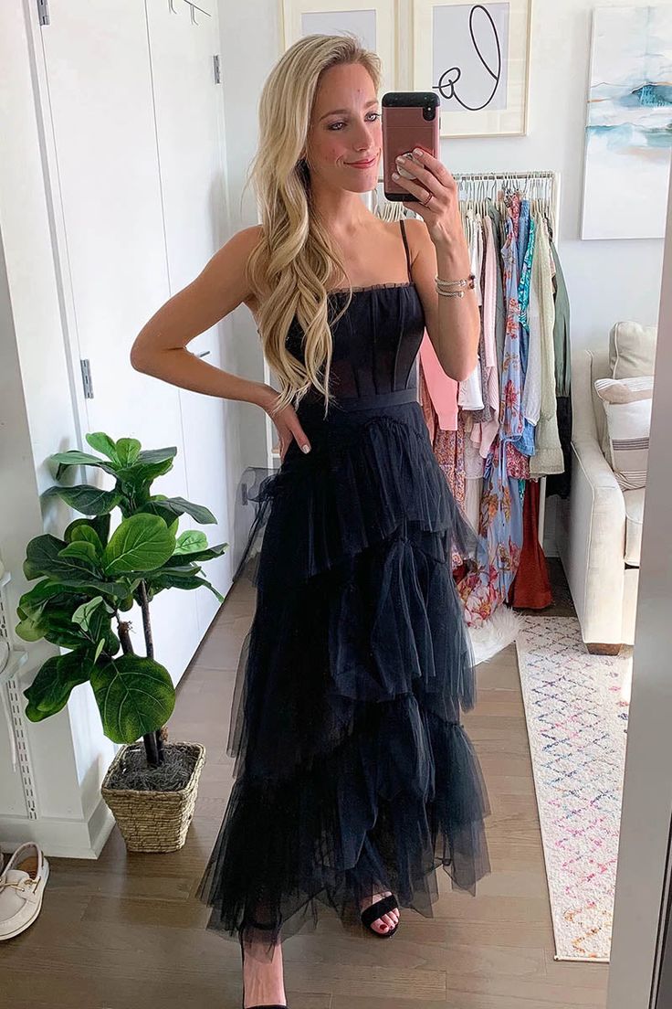 Black Spaghetti Straps Ankle Length Prom Dress with Ruffles, Tulle Party Gown fg1442