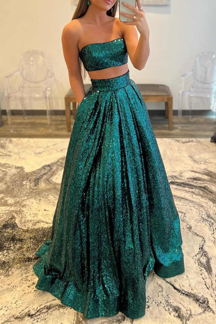 Emerald Green Sequins Two Piece Prom Dress with Pockets fg1723