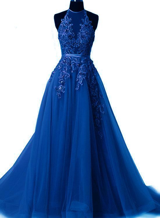 Royal Blue Halter Tulle Party Dress, Pretty Handmade Blue Prom Dress fg1816