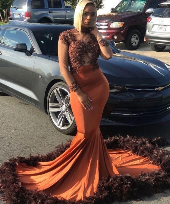 Unique Long Prom Dress With Long Sleeves, Formal Dress With Feather fg1056