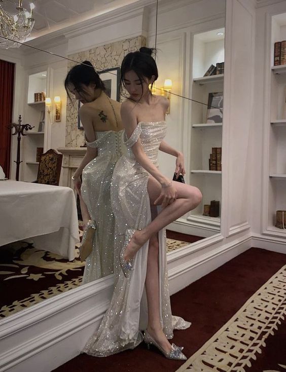 Vestidos de fiesta formales de noche con abertura alta y brillantes para mujer