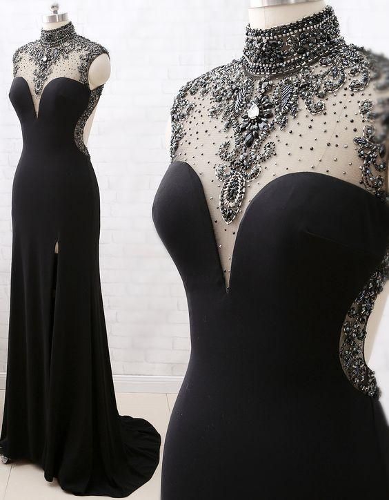 Mermaid High Neck Beaded Black Formal Evening prom Gown with Slit fg1850