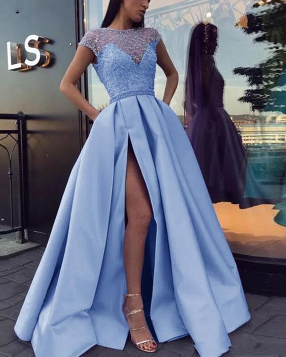 Cap Sleeves Beading A Line Satin Slit Blue Long Prom Evening Dresses fg1546