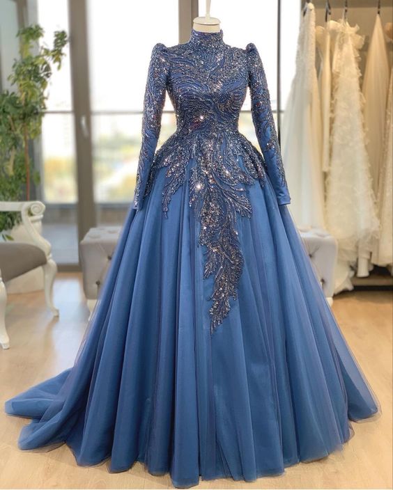 Blue high collar long sleeves Muslim fashion puffy skirt prom dress fg1764