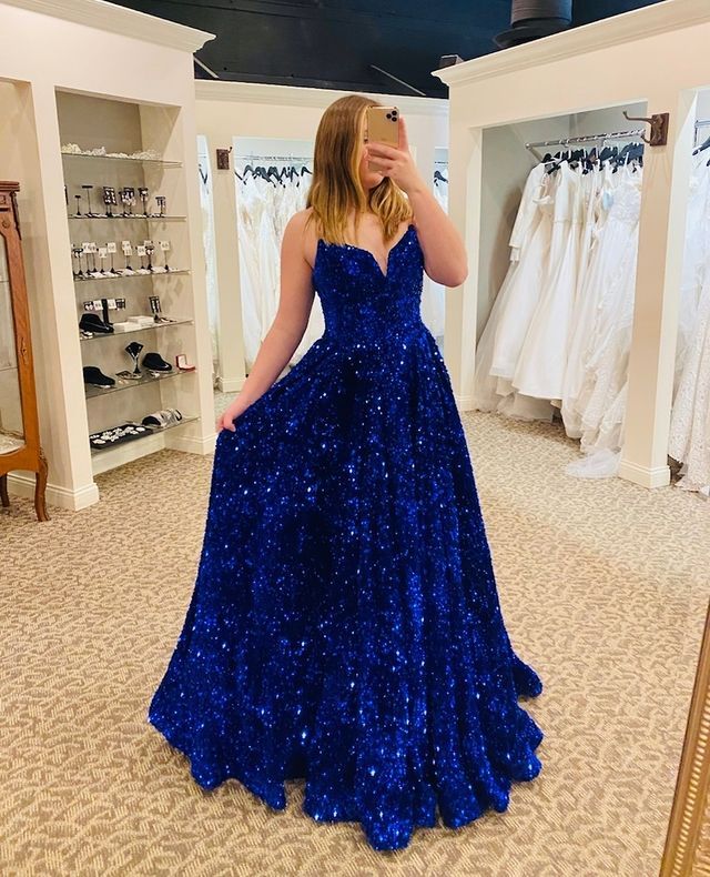 Sparkly V Neck Royal Blue Sequins Long Prom Dress fg2364
