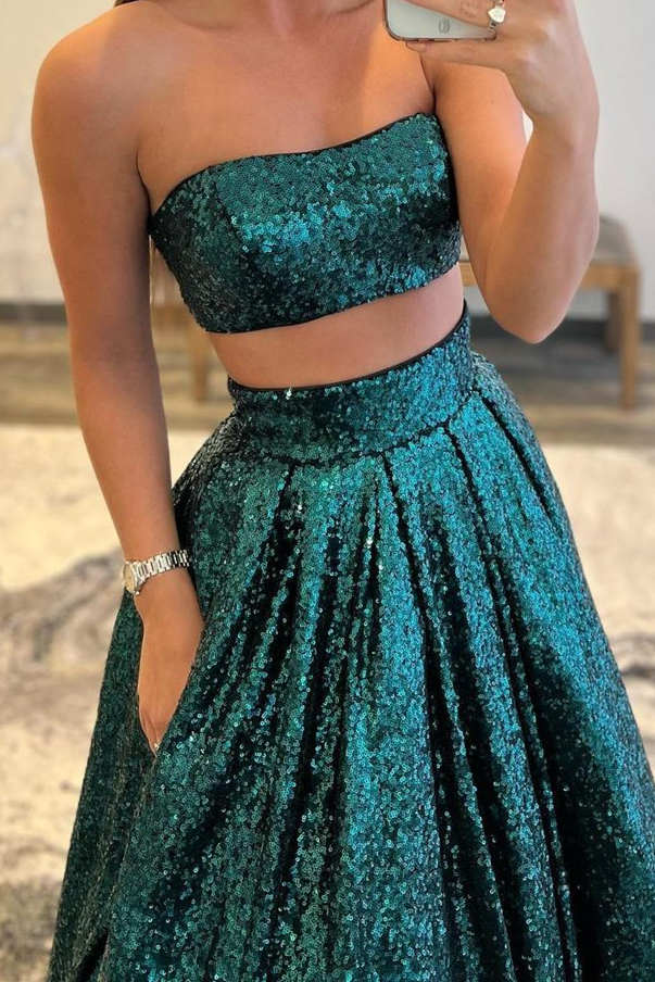 Emerald Green Sequins Two Piece Prom Dress with Pockets fg1723