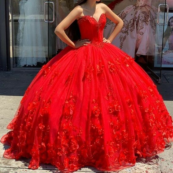 Red Prom Dress Ball Gown Quinceanera Dresses 3D Flowers Princess Corset Back Princess Prom Sweet 16 dress fg1213