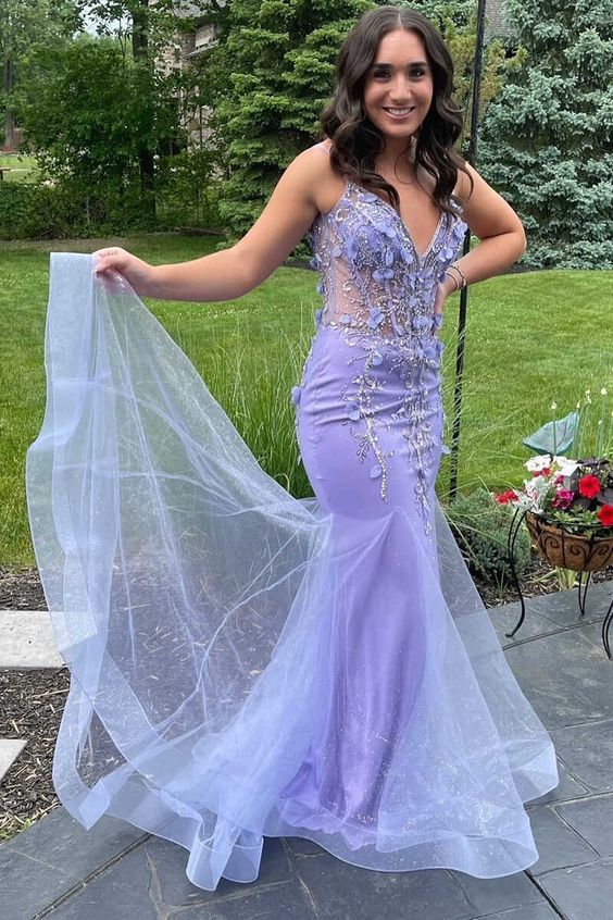 sexy lavender mermaid v-neck sleeveless floor-length appliques prom dresses fg1529