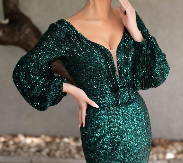 Sparkly Green Long Sleeve Evening Dresses.charming V-Neck Backless Mermaid Formal Evening Gowns fg2560
