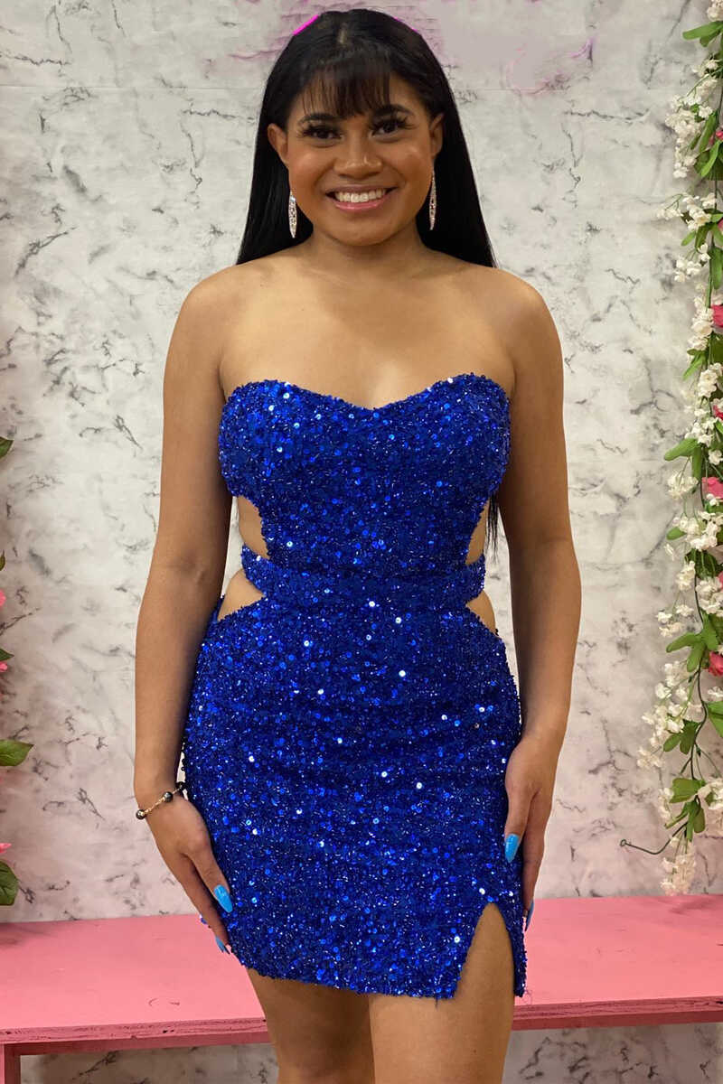 Blue Sequin Strapless Cutout Short Homecoming Dress fg1525
