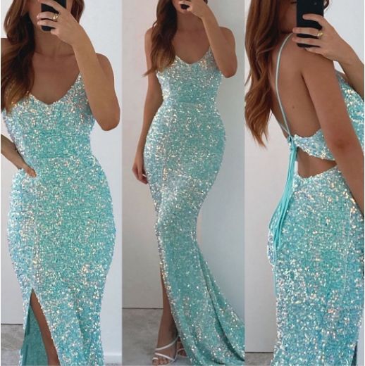 Sparkly Sequins Spaghetti Straps Mermaid Side Slit Dress With Train,Party Dress,Slit Dress fg1388