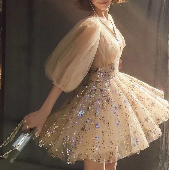 Sequin Mini Dress V-neck Puff Sleeve Party Dress Homecoming Dress fg2609