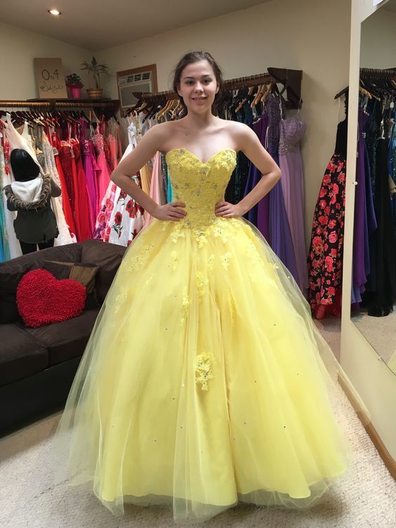 Sweetheart yellow tulle lace long prom dress fg1825