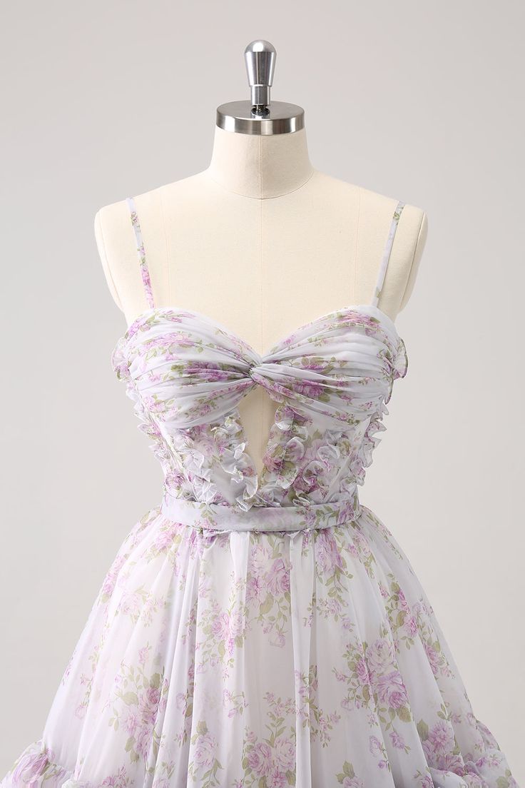Vestido de cóctel vintage de corte A con tirantes finos, estampado floral y volantes, TP3390