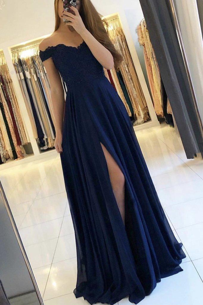 Vestido de fiesta largo de gasa con encaje azul oscuro, vestido de dama de honor con encaje azul