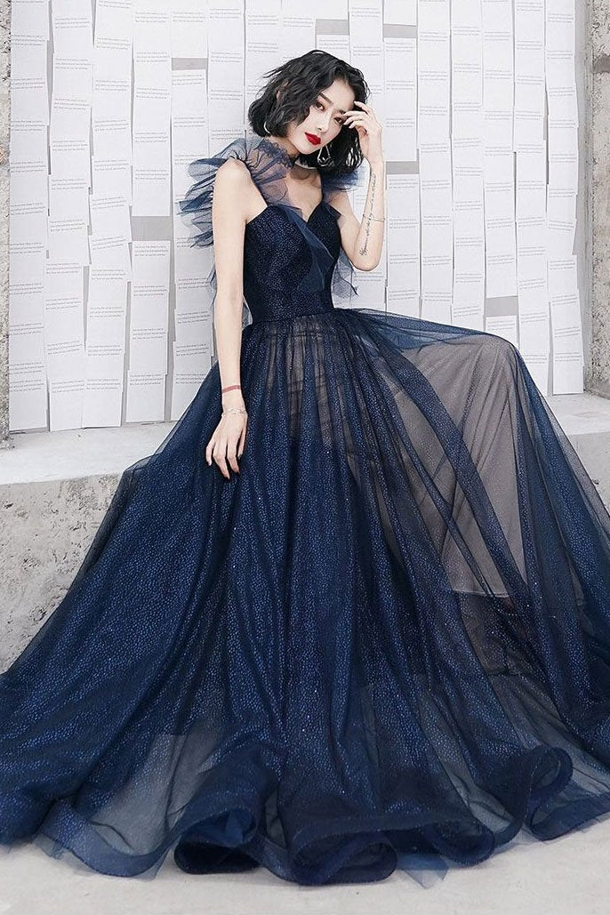 Vestido de fiesta largo de tul azul oscuro con escote en forma de corazón y vestido formal de tul azul