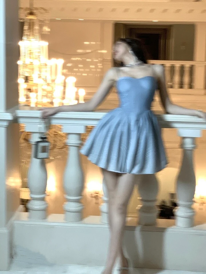 Shiny Blue Satin Sequin A Line Homecoming Dress Cocktail Dress Spaghetti Straps Birthday Outfits S489