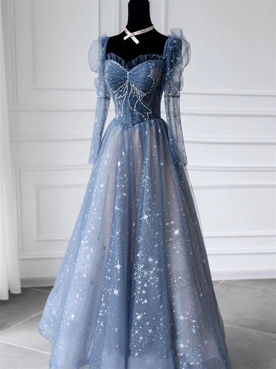 Blue prom dress long Fairy ball gown dress Long sleeves prom dress Sparkle rhinestone dress Romantic star print evening dress cg24826