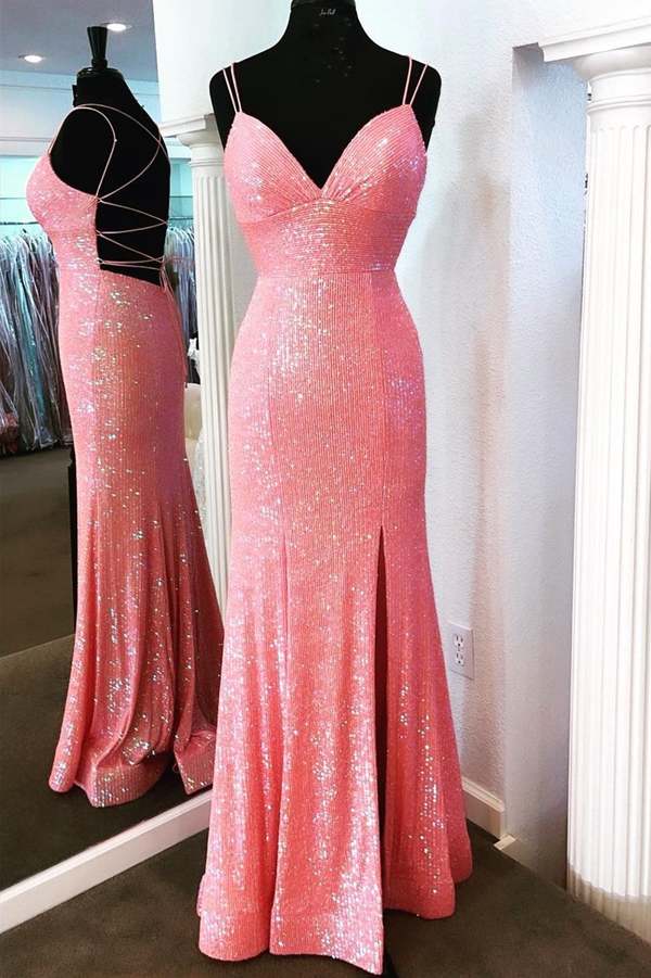 Long Pink Sparkle Sequins Prom Dresses Formal Evening Gowns cg24879