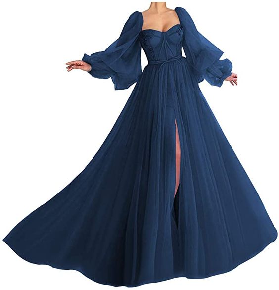 Puffy Sleeve Prom Dress Sweetheart Tulle Ball Gown A Line Princess Wedding Formal Evening Gowns with Split cg24850