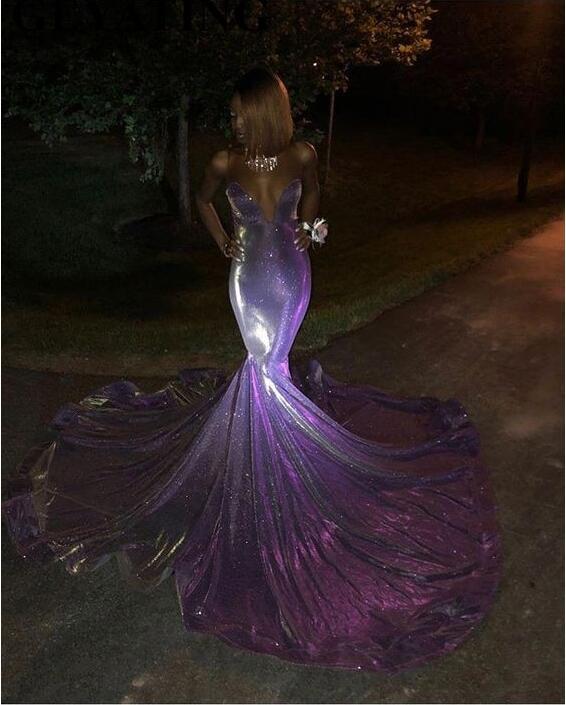 Glitter Long Mermaid Black Girl Prom Dresses Sweetheart Court Train Purple Sequin African Evening Formal Dress cg24878