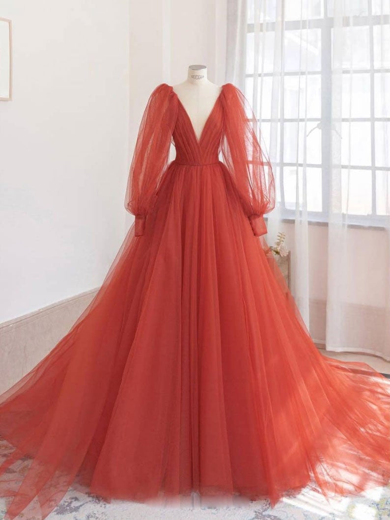Vestido de fiesta largo de tul con escote en V naranja, vestido de noche naranja