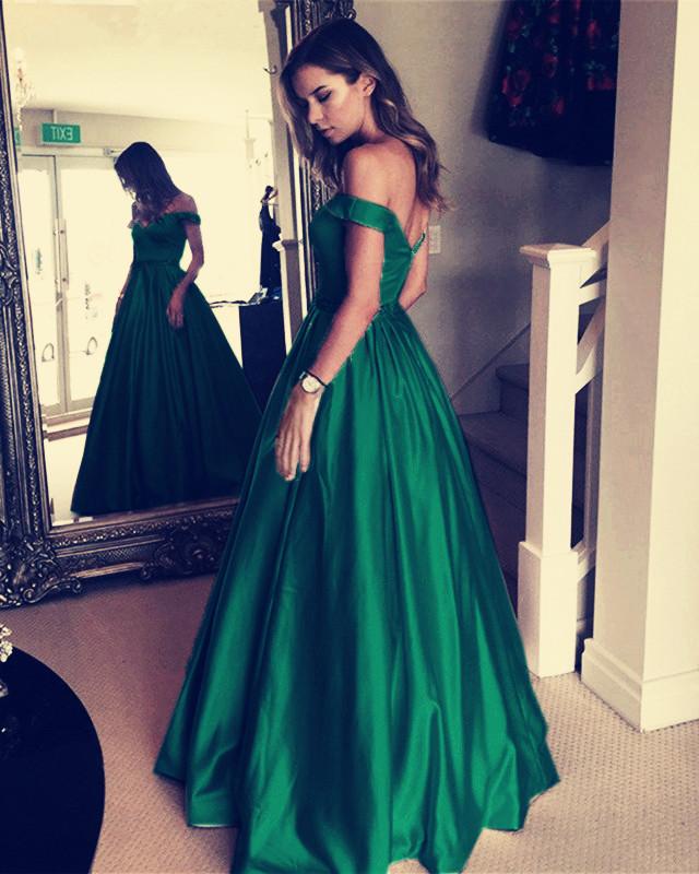 Vestidos de fiesta largos de satén verde oscuro con escote en V y hombros descubiertos, con fajas de cuentas