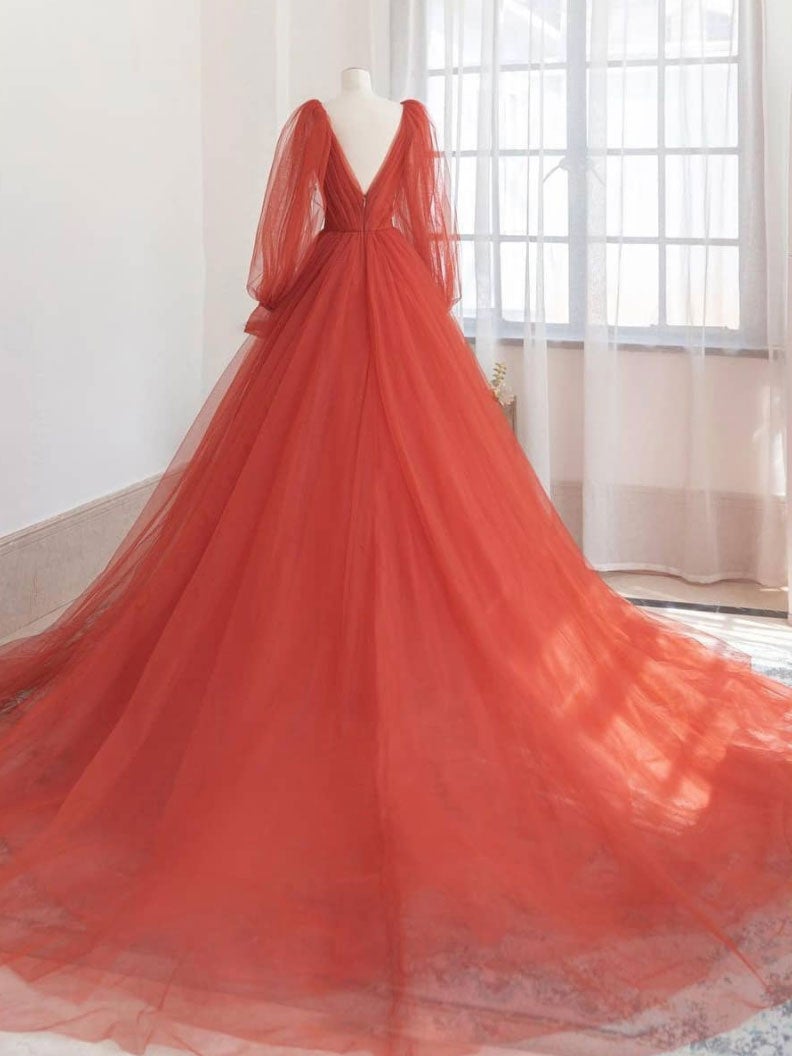 Vestido de fiesta largo de tul con escote en V naranja, vestido de noche naranja
