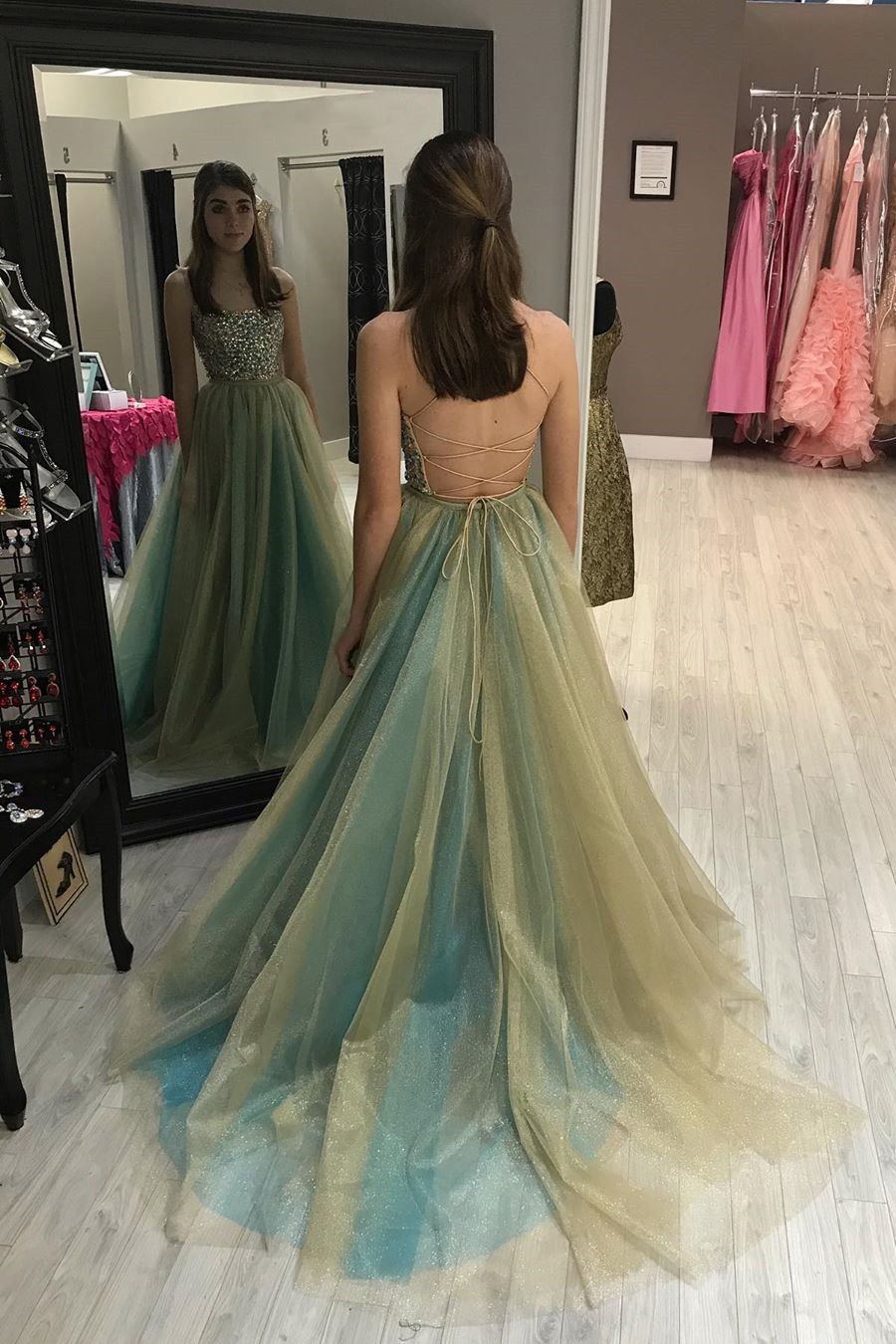 Vestido de fiesta largo sin tirantes con cuentas, tul, espagueti, espalda descubierta, vestido formal
