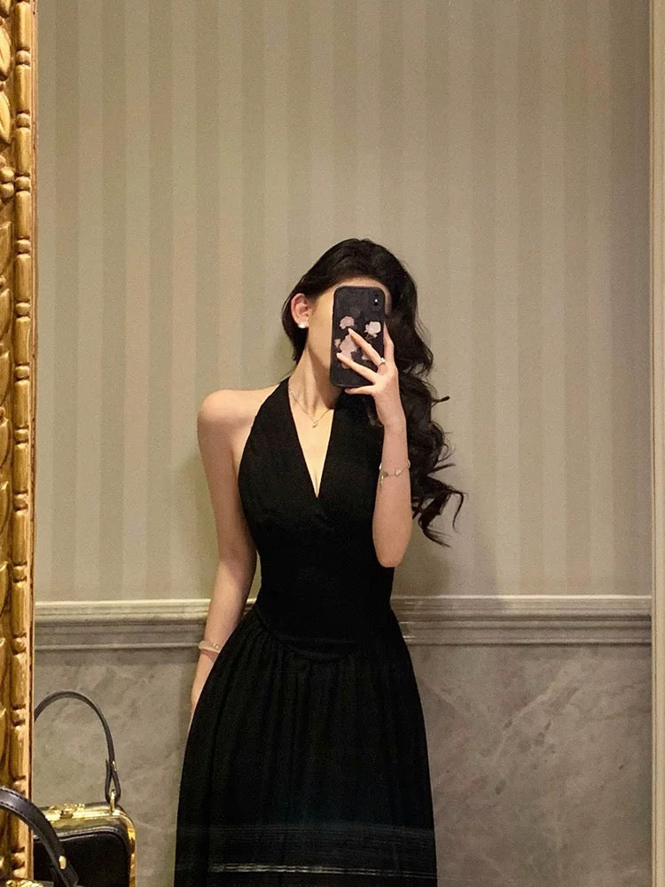 Vestidos de fiesta negros sexys con cuello halter y sin mangas, para fiesta de verano, para cumpleaños número 18, W819
