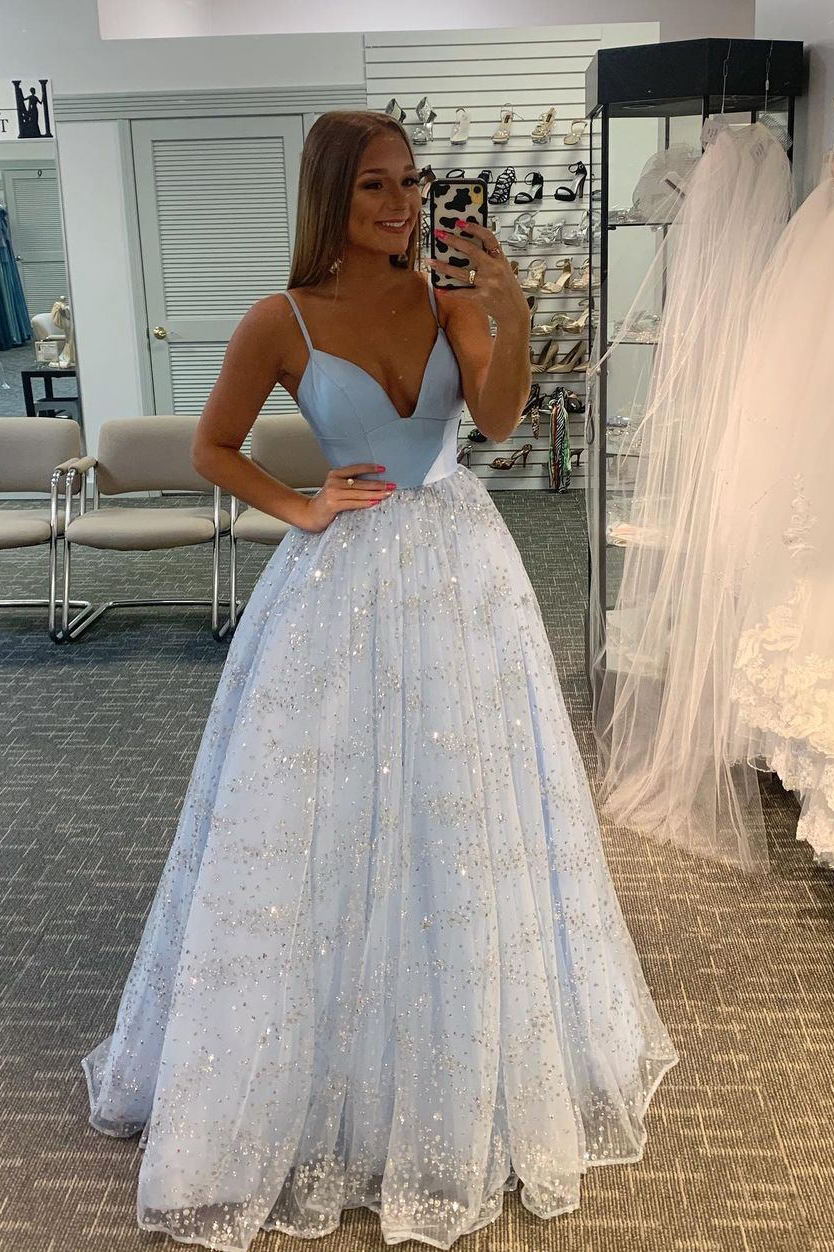 Light Blue Sparkly Tulle Backless Long Prom Dress GP99