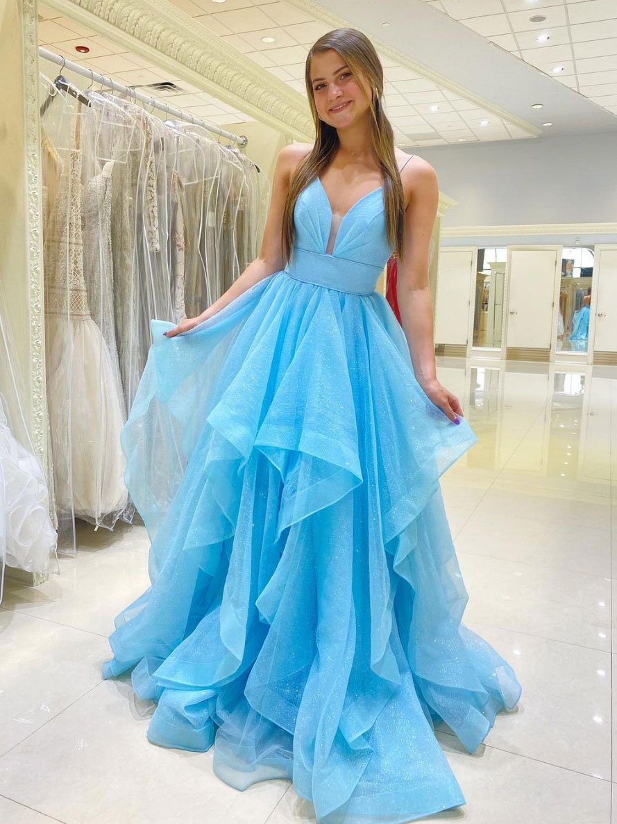 Vestido de fiesta largo de tul azul sencillo con escote en V, vestido formal de tul azul